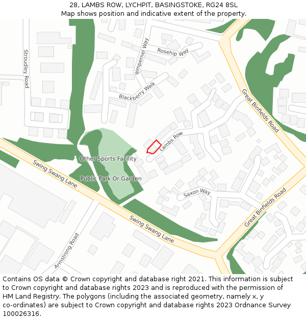 28, LAMBS ROW, LYCHPIT, BASINGSTOKE, RG24 8SL: Location map and indicative extent of plot