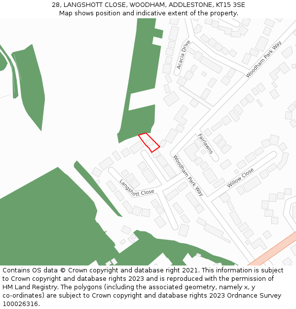 28, LANGSHOTT CLOSE, WOODHAM, ADDLESTONE, KT15 3SE: Location map and indicative extent of plot