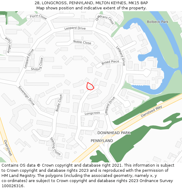 28, LONGCROSS, PENNYLAND, MILTON KEYNES, MK15 8AP: Location map and indicative extent of plot