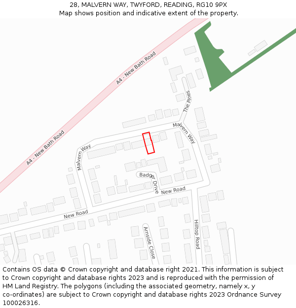 28, MALVERN WAY, TWYFORD, READING, RG10 9PX: Location map and indicative extent of plot