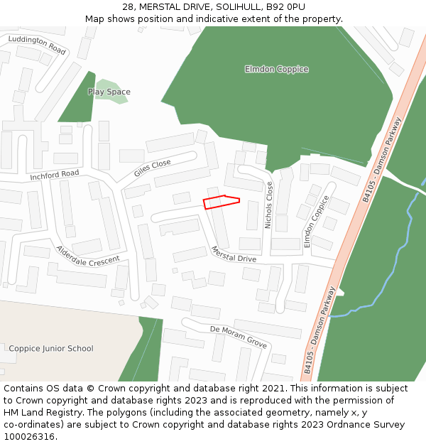 28, MERSTAL DRIVE, SOLIHULL, B92 0PU: Location map and indicative extent of plot