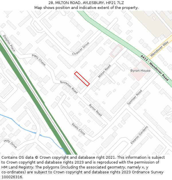 28, MILTON ROAD, AYLESBURY, HP21 7LZ: Location map and indicative extent of plot