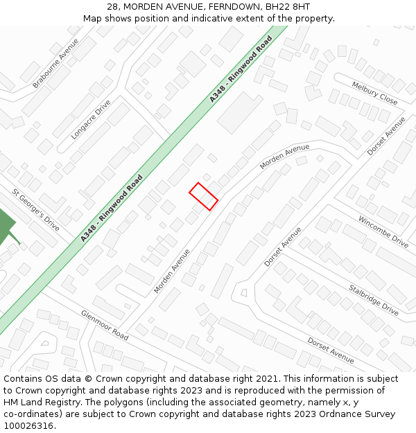 28, MORDEN AVENUE, FERNDOWN, BH22 8HT: Location map and indicative extent of plot