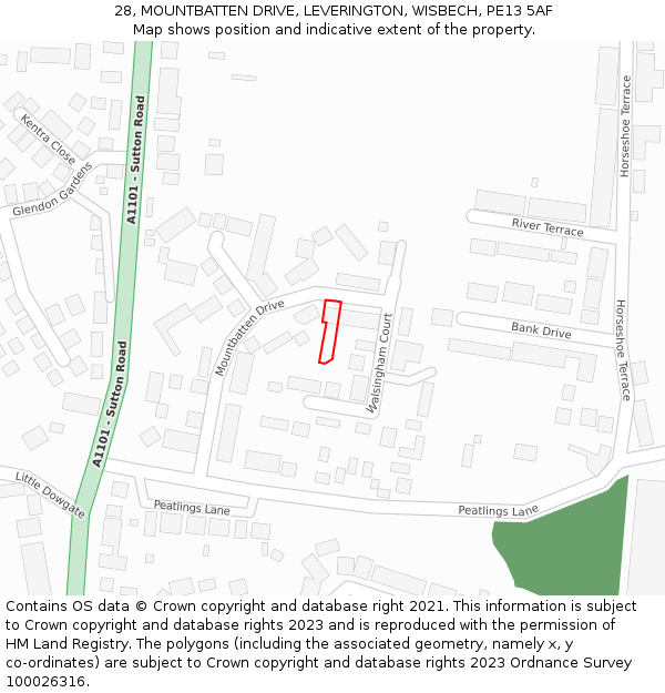 28, MOUNTBATTEN DRIVE, LEVERINGTON, WISBECH, PE13 5AF: Location map and indicative extent of plot