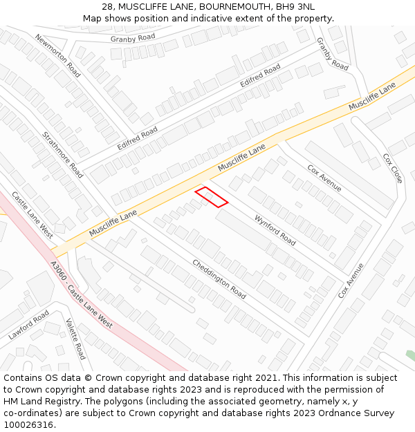 28, MUSCLIFFE LANE, BOURNEMOUTH, BH9 3NL: Location map and indicative extent of plot