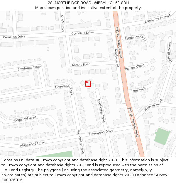 28, NORTHRIDGE ROAD, WIRRAL, CH61 8RH: Location map and indicative extent of plot