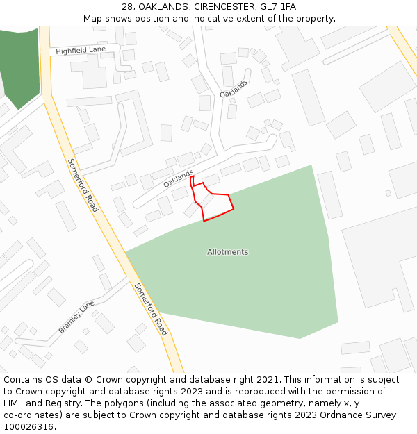 28, OAKLANDS, CIRENCESTER, GL7 1FA: Location map and indicative extent of plot