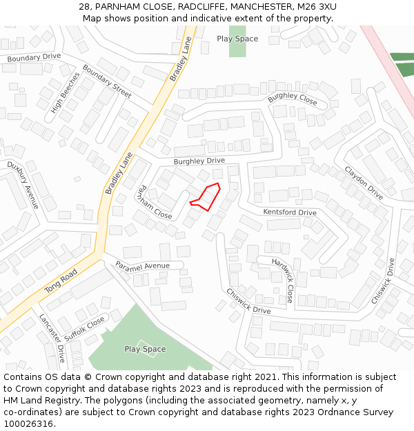 28, PARNHAM CLOSE, RADCLIFFE, MANCHESTER, M26 3XU: Location map and indicative extent of plot