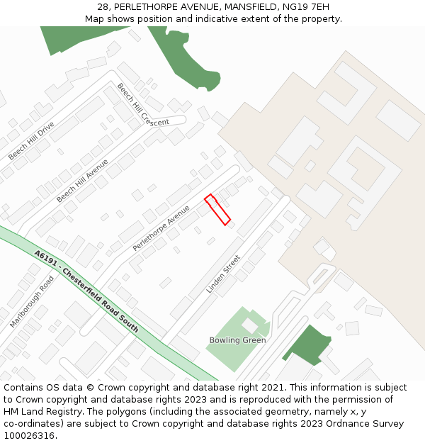 28, PERLETHORPE AVENUE, MANSFIELD, NG19 7EH: Location map and indicative extent of plot