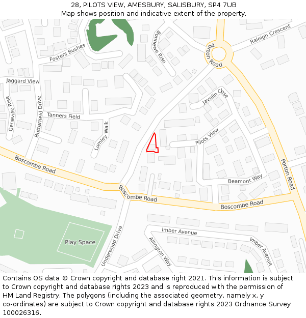 28, PILOTS VIEW, AMESBURY, SALISBURY, SP4 7UB: Location map and indicative extent of plot