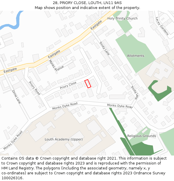 28, PRIORY CLOSE, LOUTH, LN11 9AS: Location map and indicative extent of plot