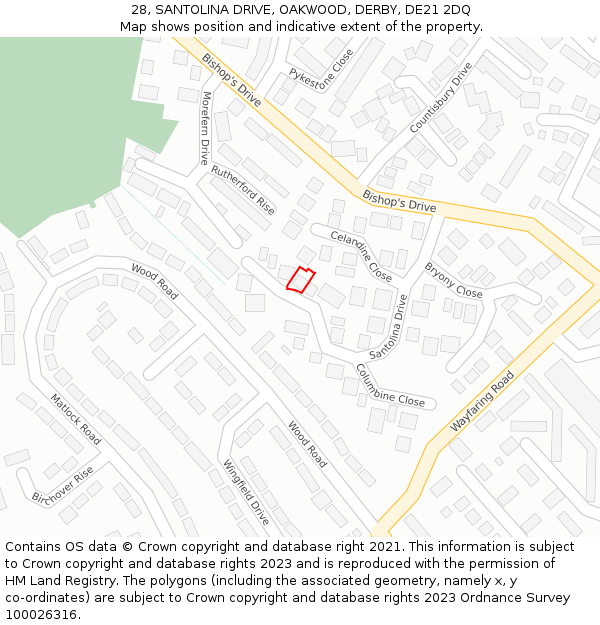 28, SANTOLINA DRIVE, OAKWOOD, DERBY, DE21 2DQ: Location map and indicative extent of plot