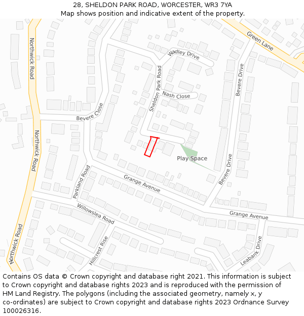 28, SHELDON PARK ROAD, WORCESTER, WR3 7YA: Location map and indicative extent of plot