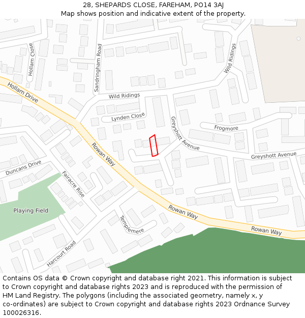 28, SHEPARDS CLOSE, FAREHAM, PO14 3AJ: Location map and indicative extent of plot