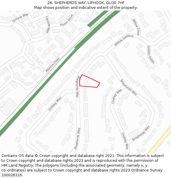 28, SHEPHERDS WAY, LIPHOOK, GU30 7HF: Location map and indicative extent of plot