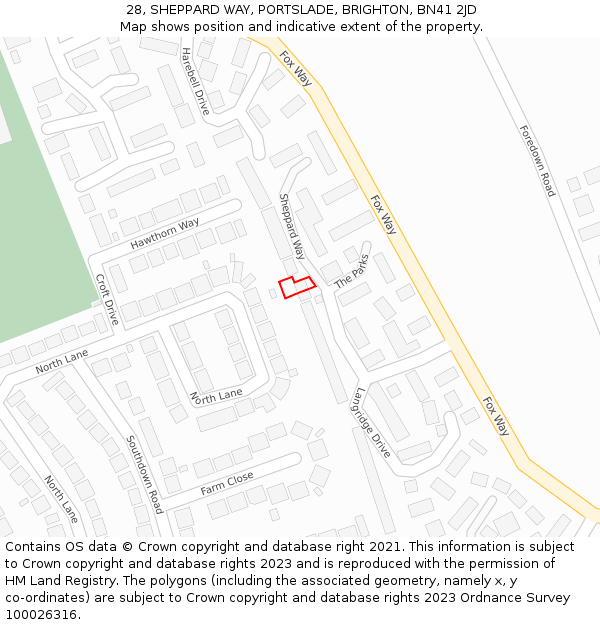 28, SHEPPARD WAY, PORTSLADE, BRIGHTON, BN41 2JD: Location map and indicative extent of plot