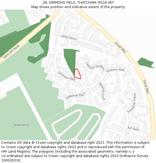 28, SIMMONS FIELD, THATCHAM, RG18 4ET: Location map and indicative extent of plot