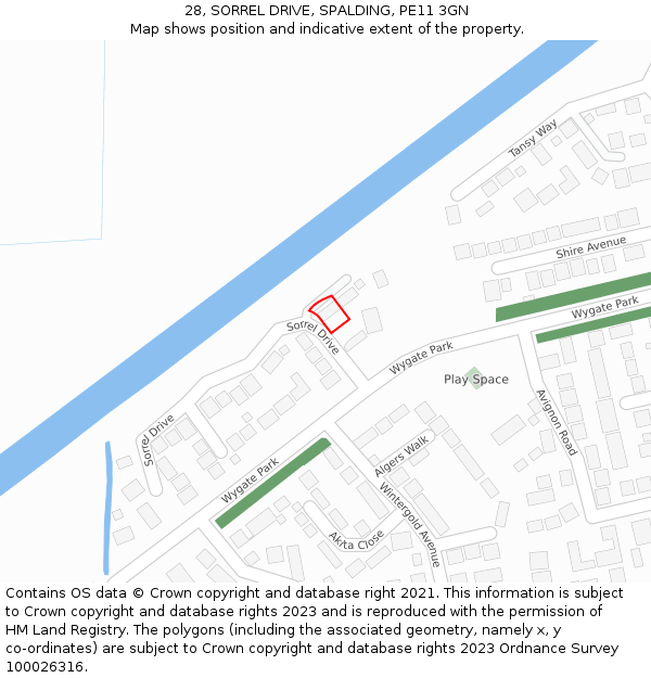 28, SORREL DRIVE, SPALDING, PE11 3GN: Location map and indicative extent of plot