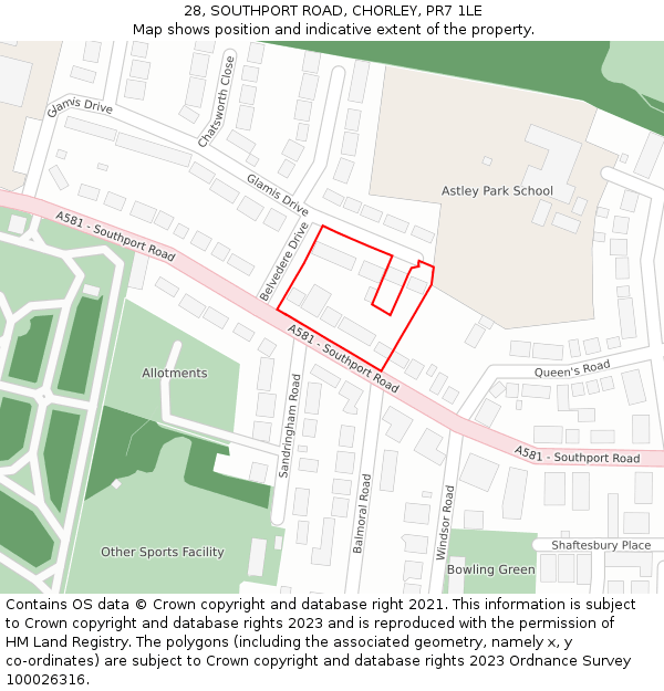 28, SOUTHPORT ROAD, CHORLEY, PR7 1LE: Location map and indicative extent of plot