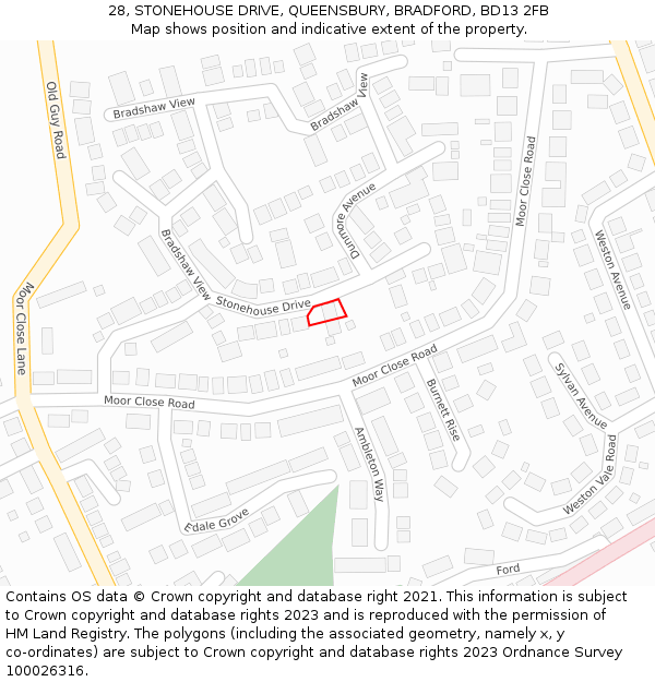 28, STONEHOUSE DRIVE, QUEENSBURY, BRADFORD, BD13 2FB: Location map and indicative extent of plot