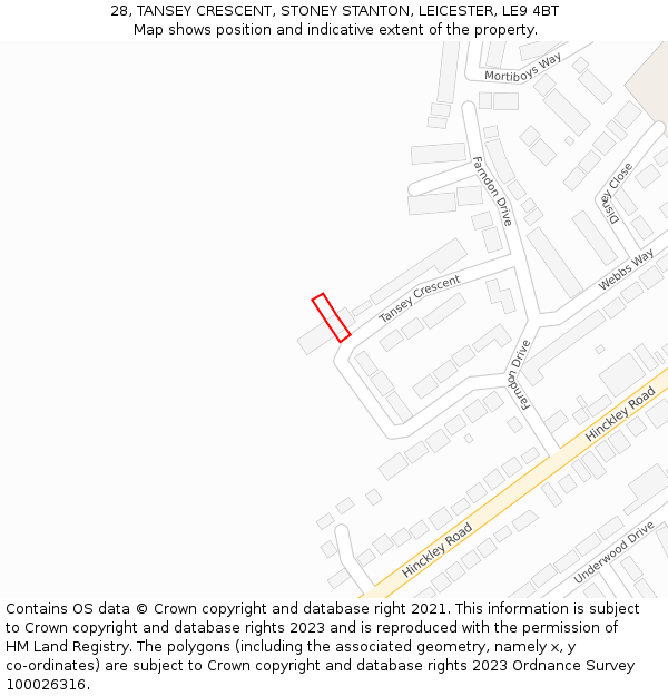 28, TANSEY CRESCENT, STONEY STANTON, LEICESTER, LE9 4BT: Location map and indicative extent of plot