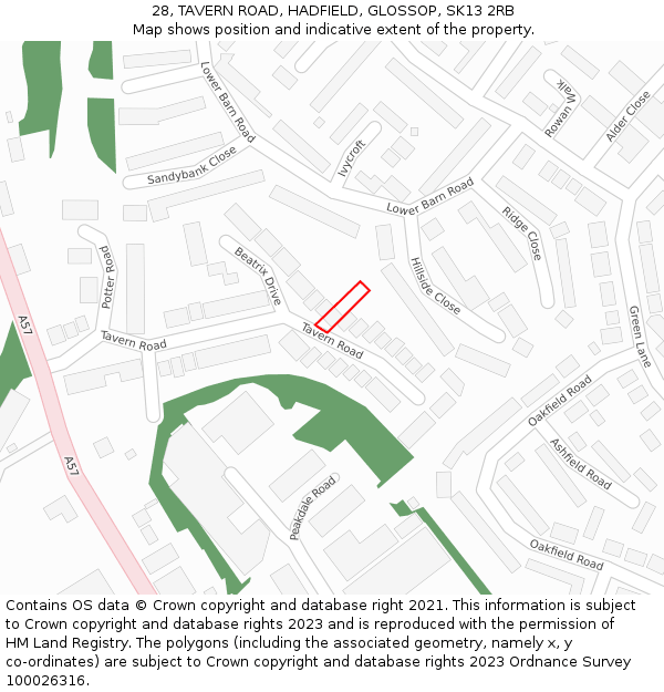 28, TAVERN ROAD, HADFIELD, GLOSSOP, SK13 2RB: Location map and indicative extent of plot