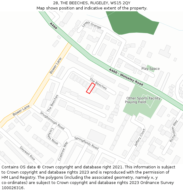 28, THE BEECHES, RUGELEY, WS15 2QY: Location map and indicative extent of plot