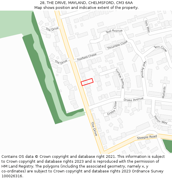 28, THE DRIVE, MAYLAND, CHELMSFORD, CM3 6AA: Location map and indicative extent of plot