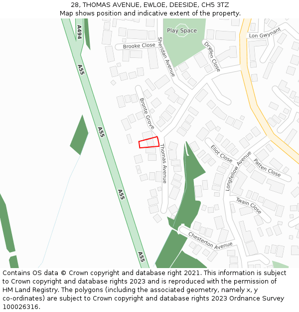 28, THOMAS AVENUE, EWLOE, DEESIDE, CH5 3TZ: Location map and indicative extent of plot