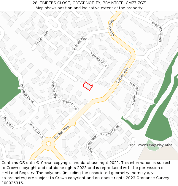 28, TIMBERS CLOSE, GREAT NOTLEY, BRAINTREE, CM77 7GZ: Location map and indicative extent of plot