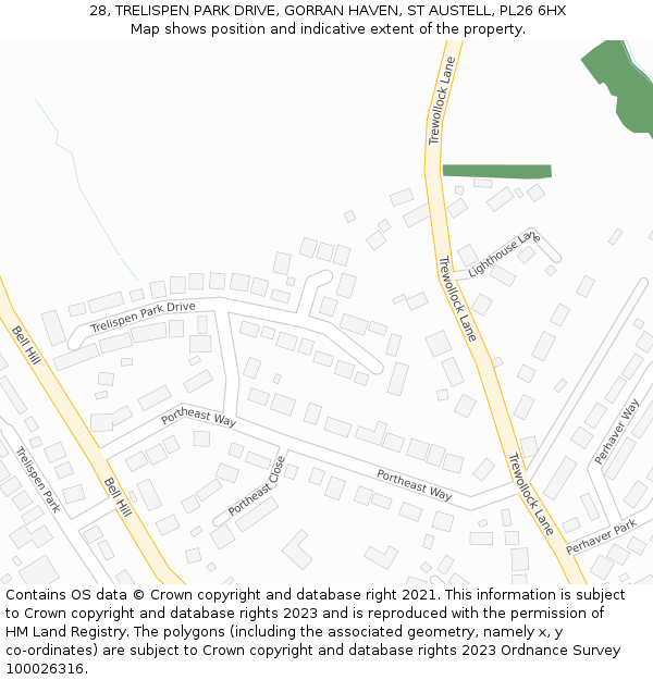 28, TRELISPEN PARK DRIVE, GORRAN HAVEN, ST AUSTELL, PL26 6HX: Location map and indicative extent of plot