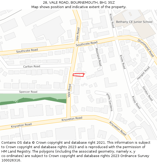 28, VALE ROAD, BOURNEMOUTH, BH1 3SZ: Location map and indicative extent of plot