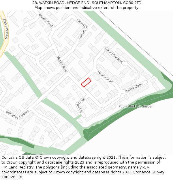 28, WATKIN ROAD, HEDGE END, SOUTHAMPTON, SO30 2TD: Location map and indicative extent of plot