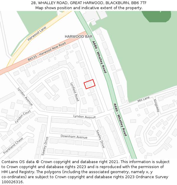 28, WHALLEY ROAD, GREAT HARWOOD, BLACKBURN, BB6 7TF: Location map and indicative extent of plot