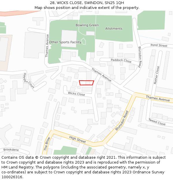 28, WICKS CLOSE, SWINDON, SN25 1QH: Location map and indicative extent of plot