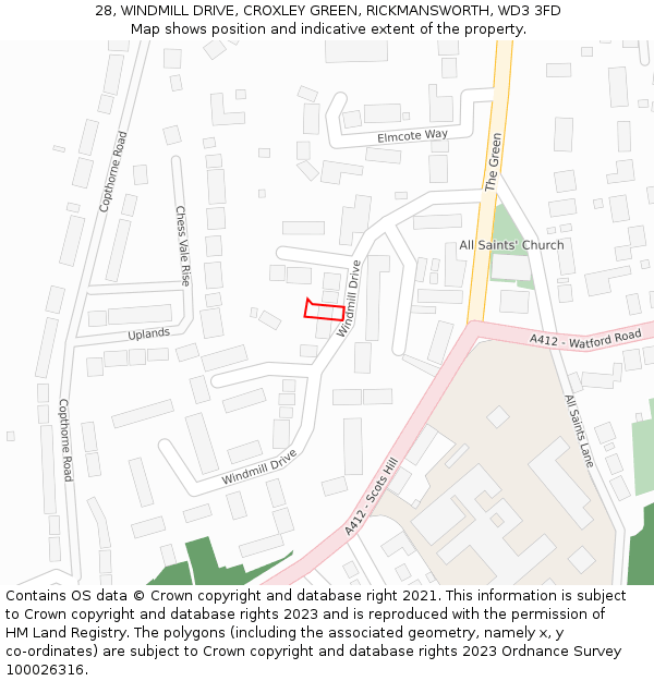 28, WINDMILL DRIVE, CROXLEY GREEN, RICKMANSWORTH, WD3 3FD: Location map and indicative extent of plot