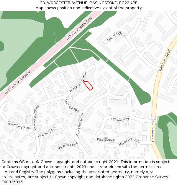 28, WORCESTER AVENUE, BASINGSTOKE, RG22 4PR: Location map and indicative extent of plot