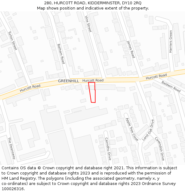 280, HURCOTT ROAD, KIDDERMINSTER, DY10 2RQ: Location map and indicative extent of plot