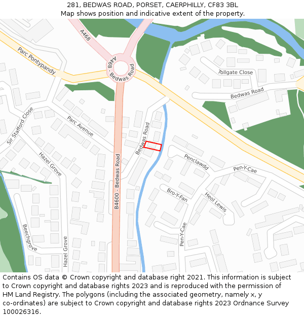 281, BEDWAS ROAD, PORSET, CAERPHILLY, CF83 3BL: Location map and indicative extent of plot