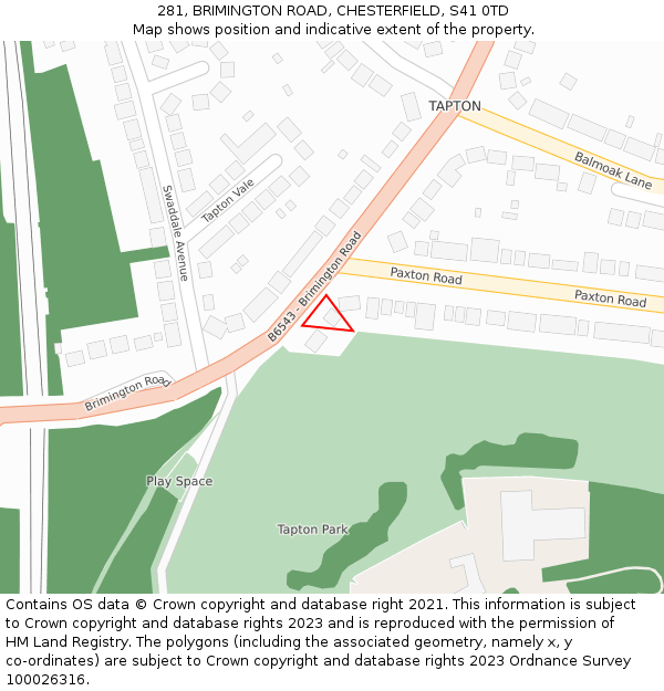 281, BRIMINGTON ROAD, CHESTERFIELD, S41 0TD: Location map and indicative extent of plot