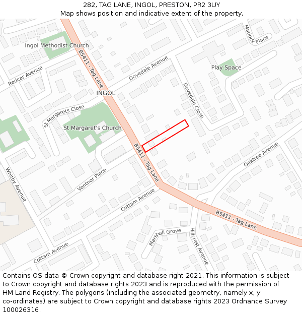 282, TAG LANE, INGOL, PRESTON, PR2 3UY: Location map and indicative extent of plot