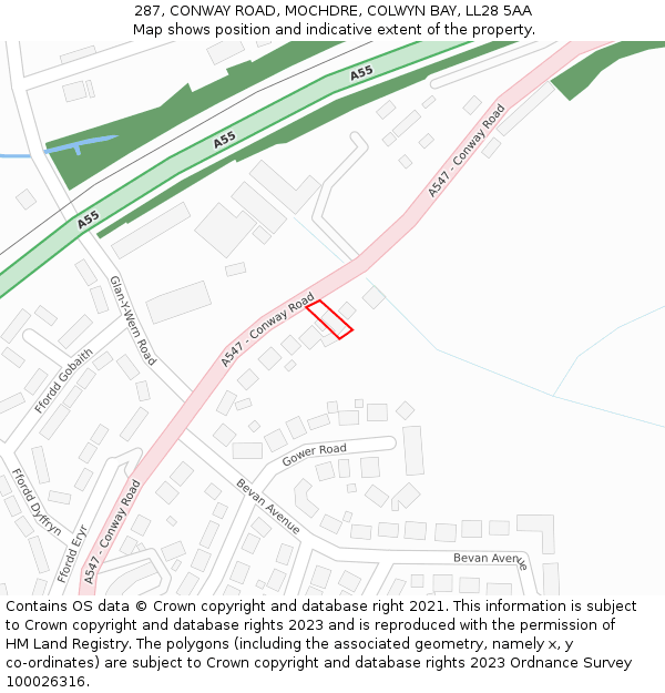 287, CONWAY ROAD, MOCHDRE, COLWYN BAY, LL28 5AA: Location map and indicative extent of plot