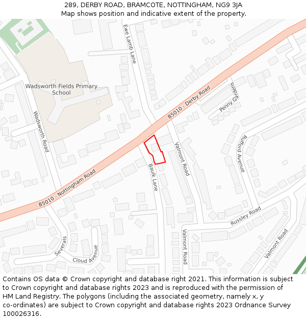 289, DERBY ROAD, BRAMCOTE, NOTTINGHAM, NG9 3JA: Location map and indicative extent of plot