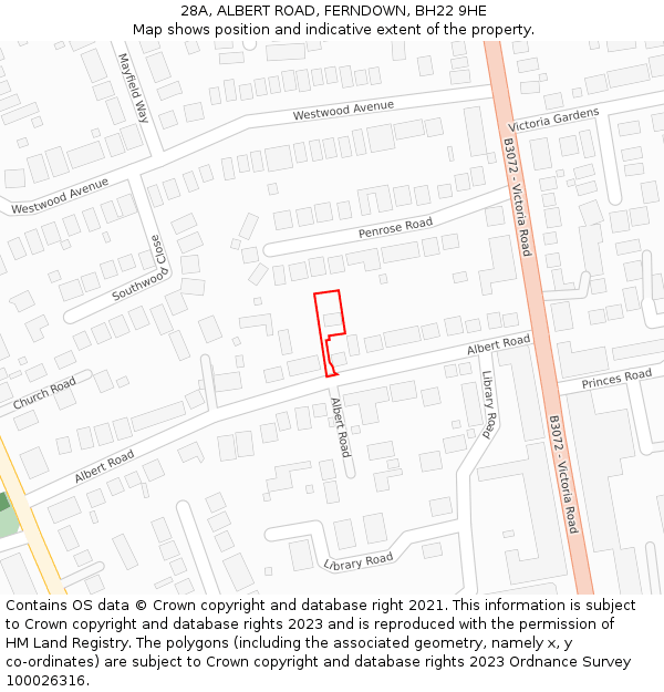 28A, ALBERT ROAD, FERNDOWN, BH22 9HE: Location map and indicative extent of plot