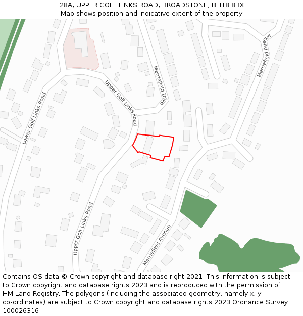 28A, UPPER GOLF LINKS ROAD, BROADSTONE, BH18 8BX: Location map and indicative extent of plot