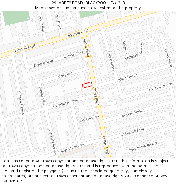 29, ABBEY ROAD, BLACKPOOL, FY4 2LB: Location map and indicative extent of plot