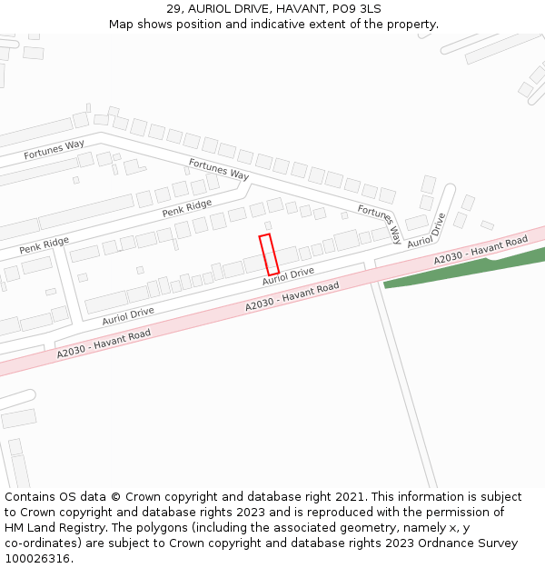 29, AURIOL DRIVE, HAVANT, PO9 3LS: Location map and indicative extent of plot