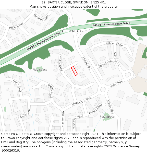 29, BAXTER CLOSE, SWINDON, SN25 4XL: Location map and indicative extent of plot