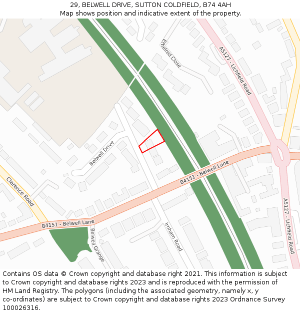 29, BELWELL DRIVE, SUTTON COLDFIELD, B74 4AH: Location map and indicative extent of plot