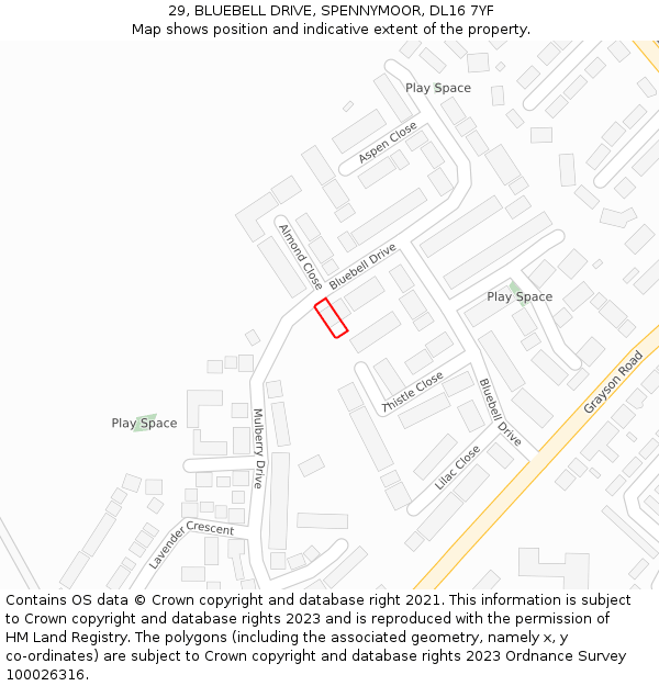 29, BLUEBELL DRIVE, SPENNYMOOR, DL16 7YF: Location map and indicative extent of plot